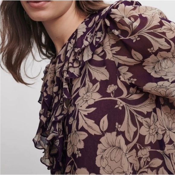 Zara Womens Sz M Purple And Tan Floral Chiffon Ruffle Mini Dress Long Sleeves - Picture 4 of 14
